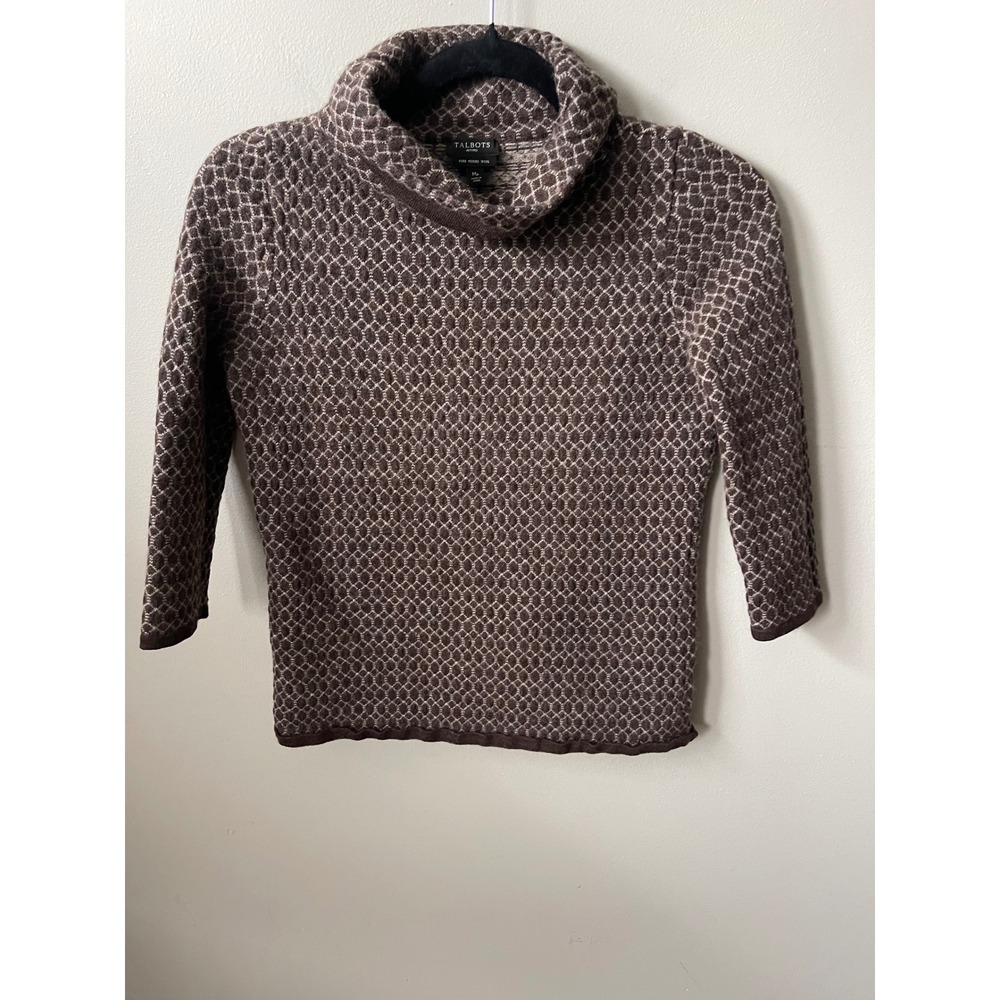 Talbots Petites Brown Merino Wool Cowl Neck Honeycomb Sweater Medium P 3/4 Slv